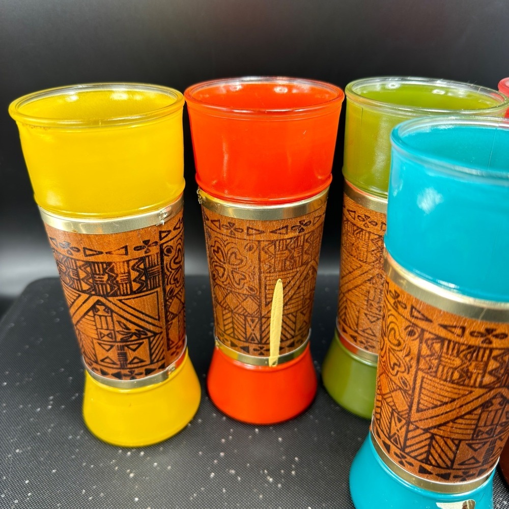 Vintage MCM Tiki Highball Glasses Genuine Mahogany Wood Wrap Set 6 Multi Color - Picture 12 of 15